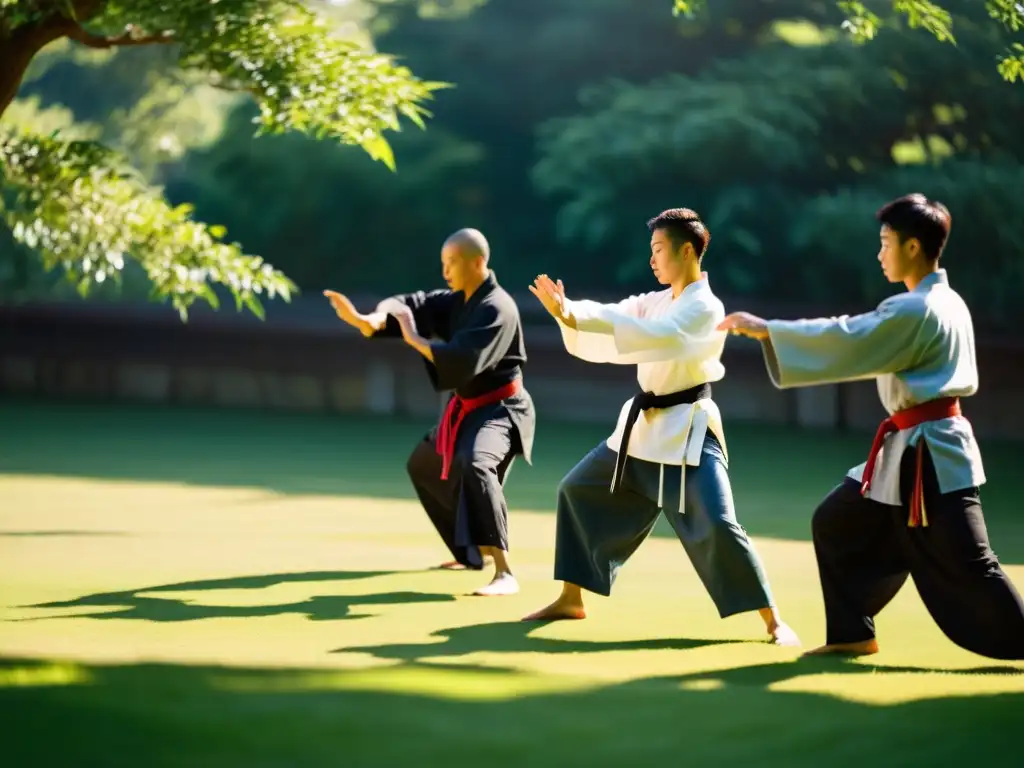 Grupo practicando Tai Chi al aire libre con determinación, transmitiendo serenidad y armonía