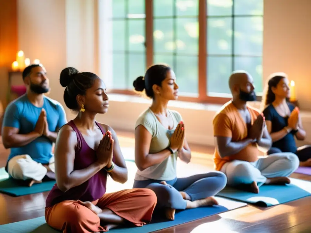 Un grupo practica Bhakti Yoga en un ambiente sereno y conectado espiritualmente, capturando el poder transformador del Bhakti Yoga