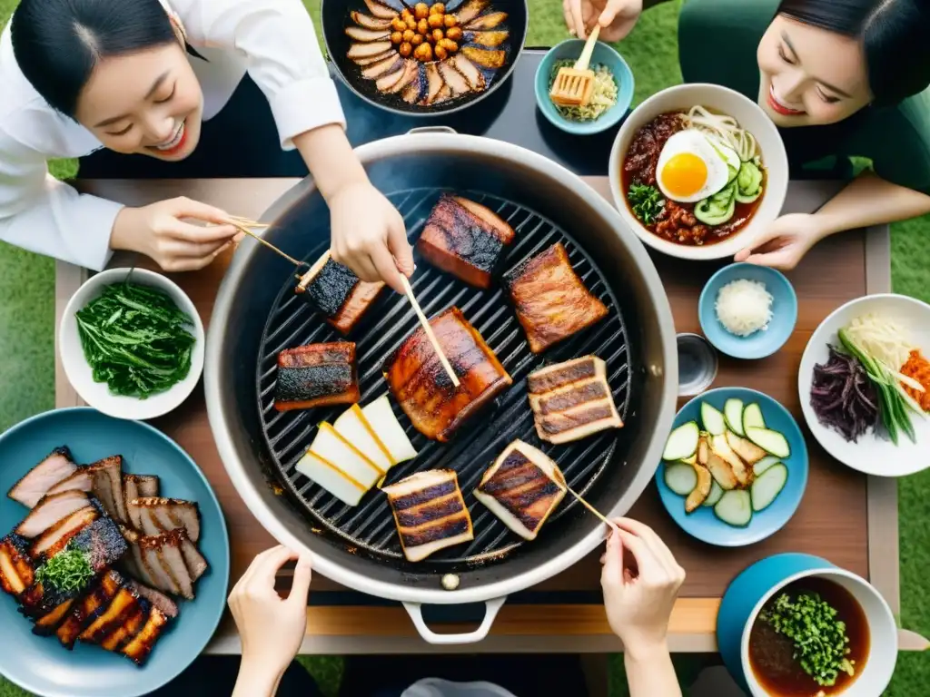 Un grupo de amigos disfruta el ritual de asar carne en Corea, compartiendo sonrisas y camaradería alrededor de la parrilla