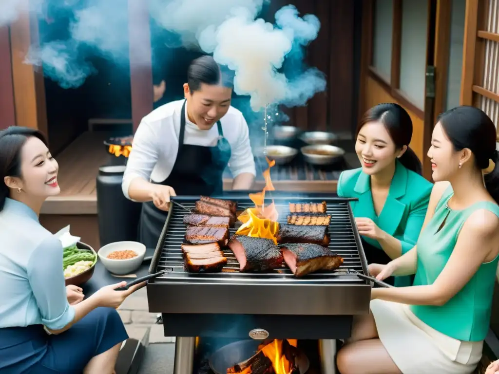 Un grupo de amigos disfruta del ritual de asar carne en Corea en un restaurante al aire libre en Seúl, con risas y anticipación en el aire