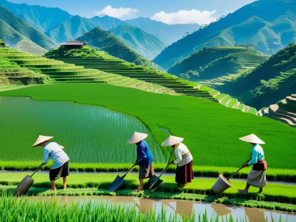 Grupo de ancianos agricultores asiáticos cultiva arroz con herramientas tradicionales, preservando prácticas ancestrales en un paisaje verde y soleado