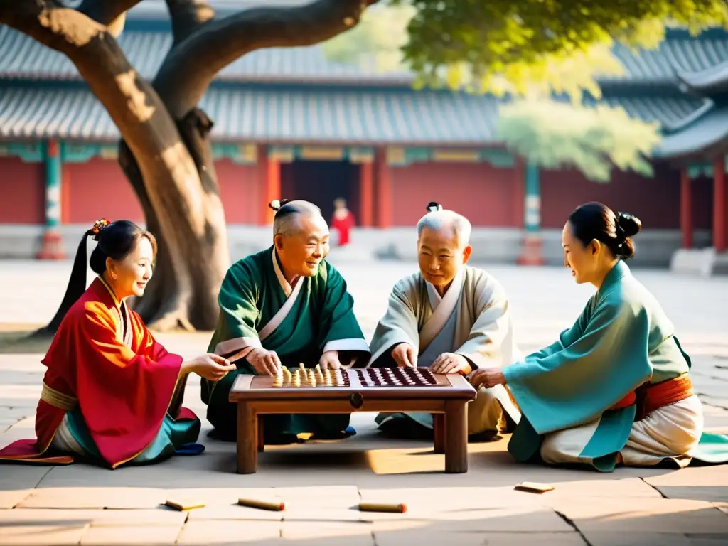 Un grupo de ancianos juega weiqi bajo un árbol en un templo chino