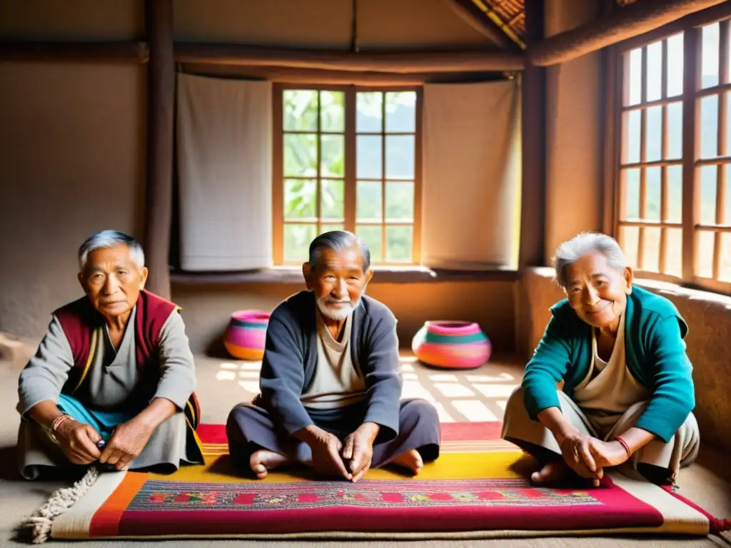 Un grupo de ancianos artesanos en una remota aldea de Asia, tejiendo artesanías tradicionales en una habitación iluminada por el cálido sol