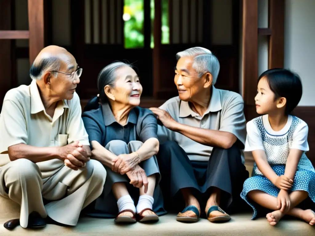 Grupo de ancianos asiáticos rodeados de familiares, reflejando el respeto en la cultura asiática por los ancianos