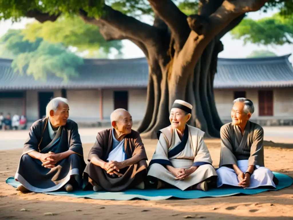 Un grupo de ancianos en atuendos tradicionales asiáticos, sentados en círculo bajo un árbol