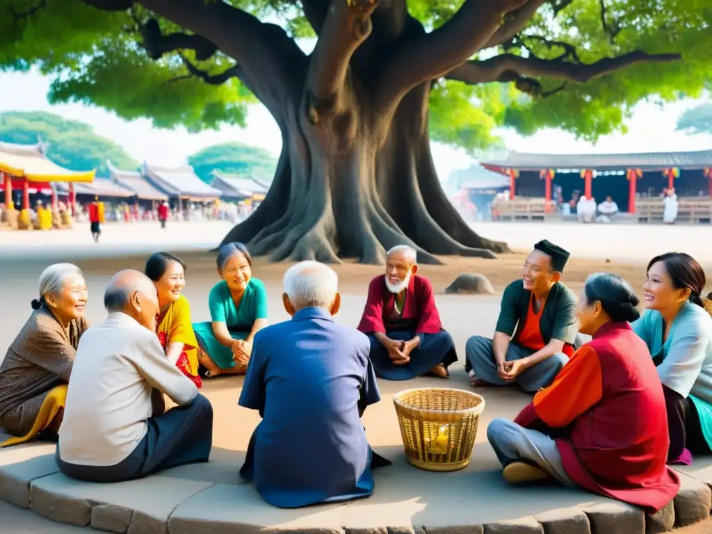 Grupo de ancianos en círculo bajo un árbol, vestidos con ropa asiática, participando en una animada discusión