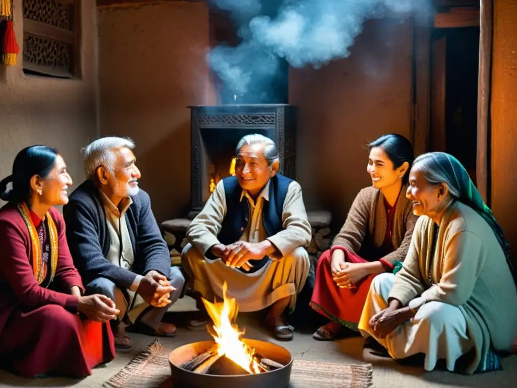 Grupo de ancianos de la comunidad Hunza en Pakistán, reunidos alrededor de una hoguera en una acogedora habitación