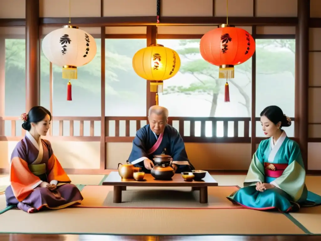 Un grupo de ancianos coreanos participando en una ceremonia tradicional del té, reflejando la serenidad y la vida consciente en la cultura coreana