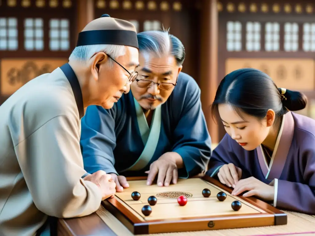 Un grupo de ancianos coreanos concentrados en estrategias del juego Nyout en Corea, rodeados de tradición y cultura