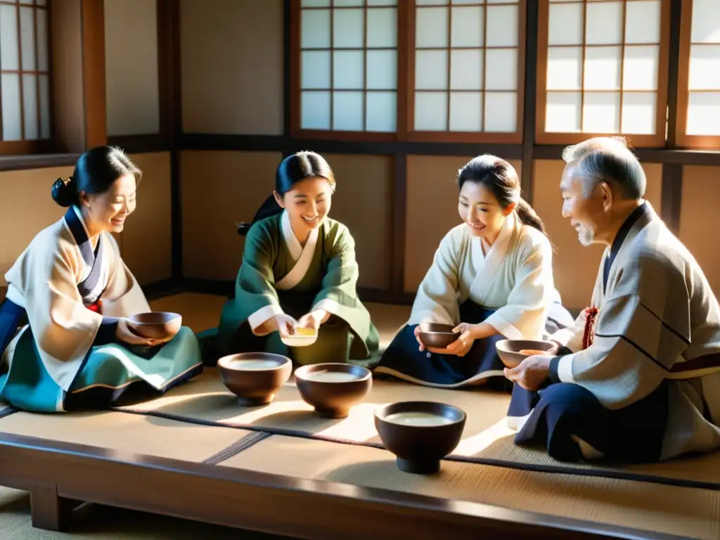 Un grupo de ancianos coreanos comparten makgeolli en una sala tradicional