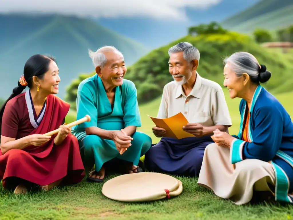 Un grupo de ancianos de diversas etnias asiáticas conversa animadamente mientras sostienen artefactos culturales tradicionales