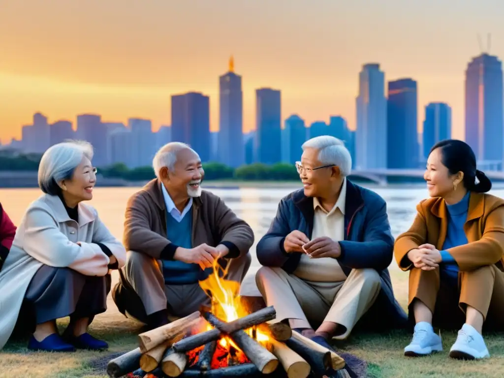 Grupo de ancianos de diferentes etnias asiáticas compartiendo historias alrededor de una fogata, con un horizonte urbano al fondo