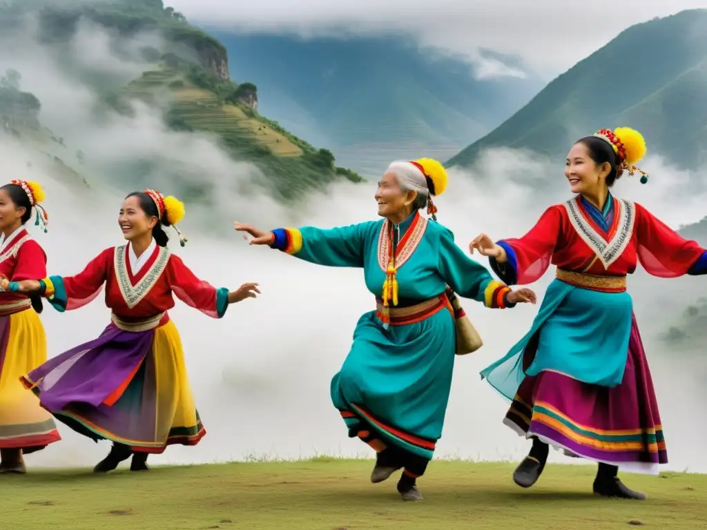 Un grupo de ancianos baila en un festival ancestral en Asia profunda, vistiendo trajes coloridos, entre montañas neblinosas