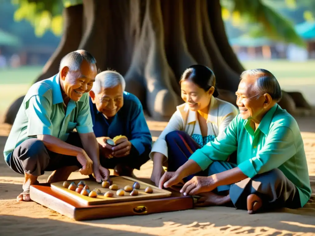 Un grupo de ancianos filipinos juega Sungka bajo un árbol, transmitiendo la tradición a la siguiente generación