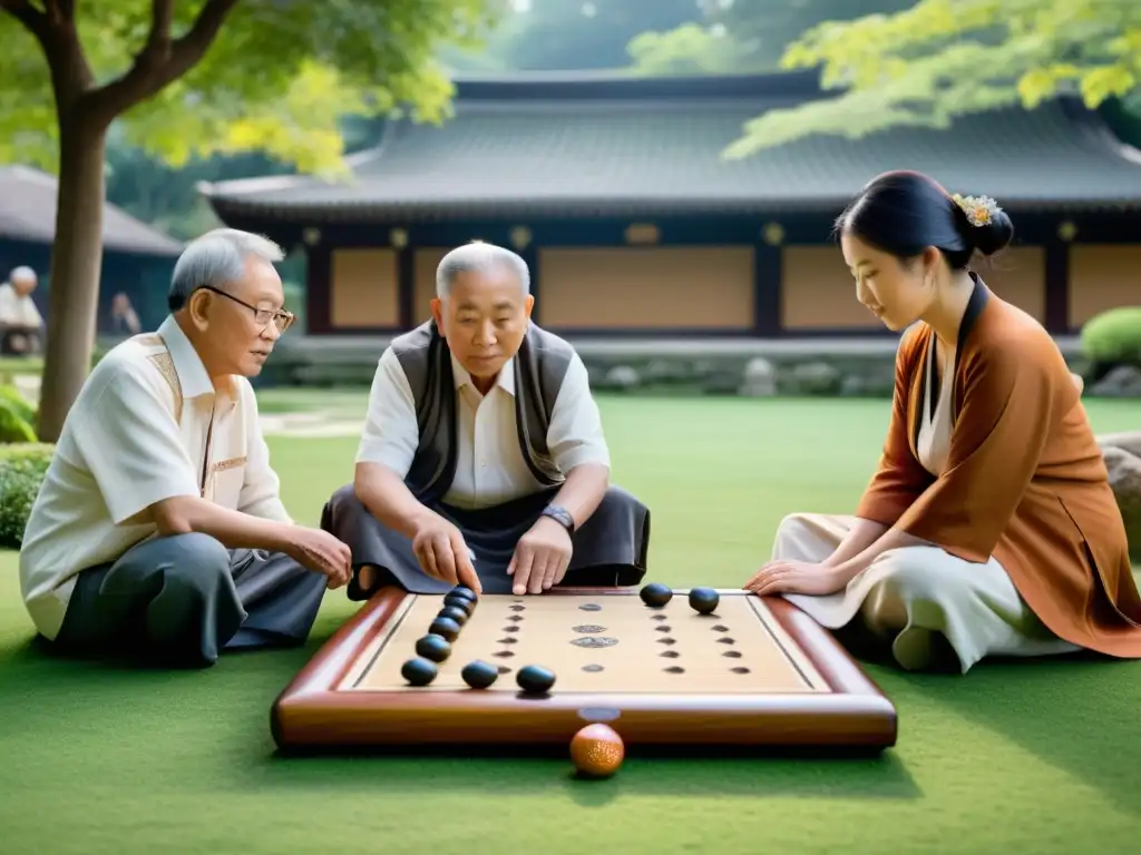 Un grupo de ancianos juega Go en un jardín, transmitiendo la filosofía del juego de Go en un entorno sereno y tradicional