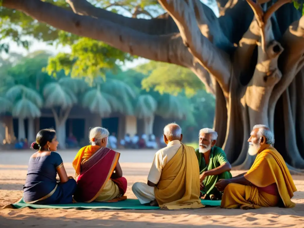 Un grupo de ancianos cuenta historias bajo un árbol