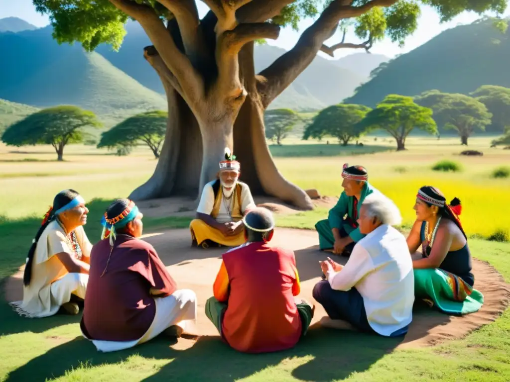 Grupo de ancianos indígenas comparten sabiduría bajo un árbol