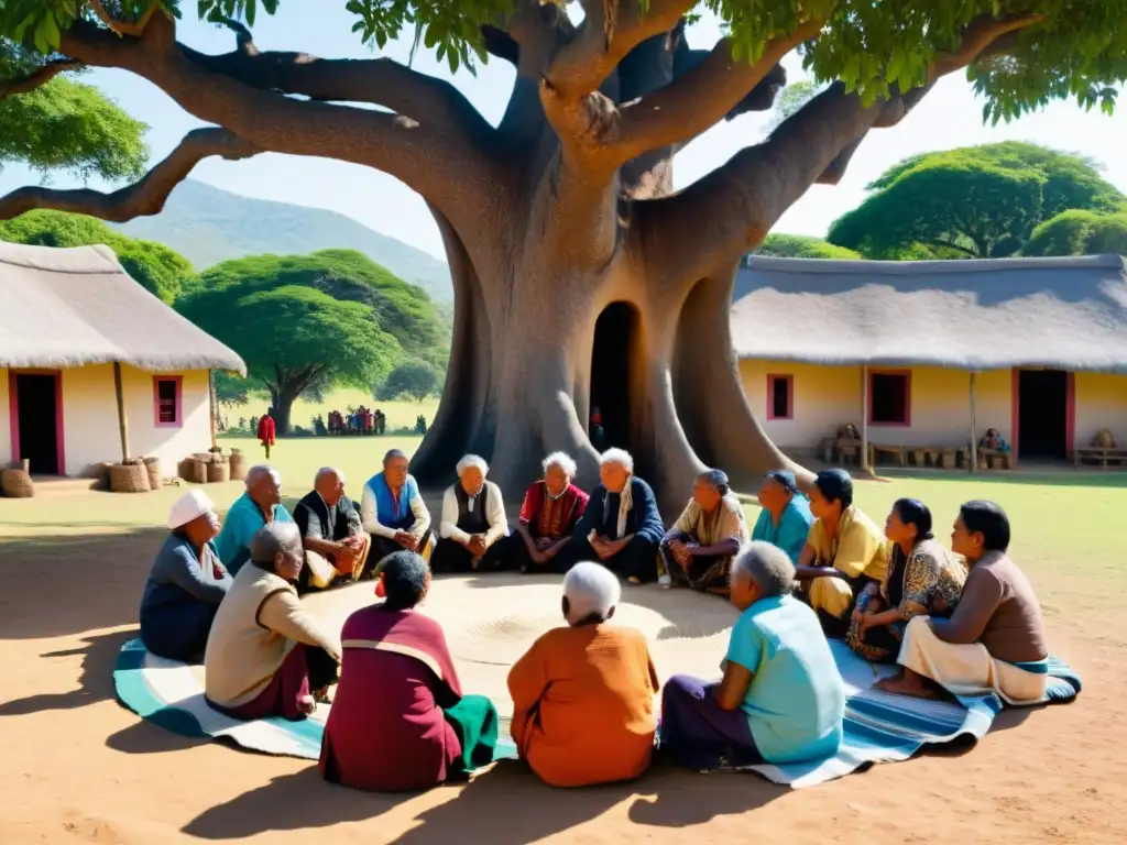 Un grupo de ancianos indígenas se reúne bajo un árbol centenario, en una viva discusión