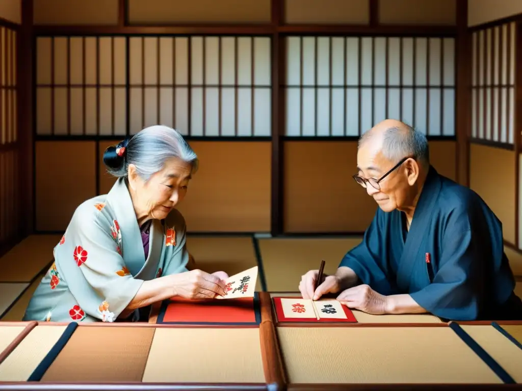 Un grupo de ancianos japoneses juega Hanafuda en una sala tradicional, mostrando la historia y origen de Hanafuda