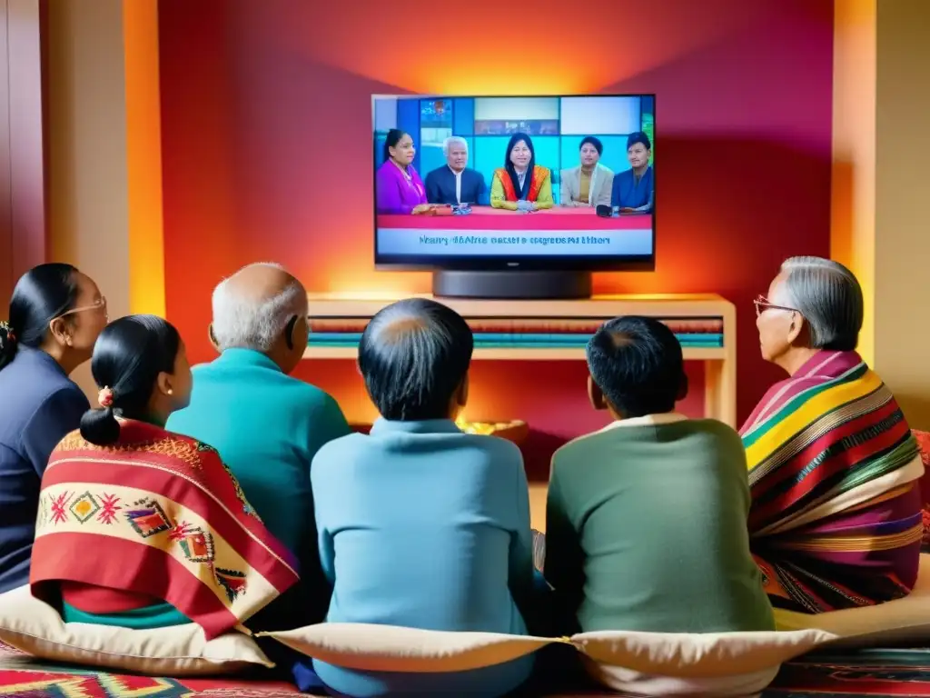 Grupo de ancianos y jóvenes indígenas viendo una serie en su idioma asiático, preservando su lengua y cultura a través de la televisión