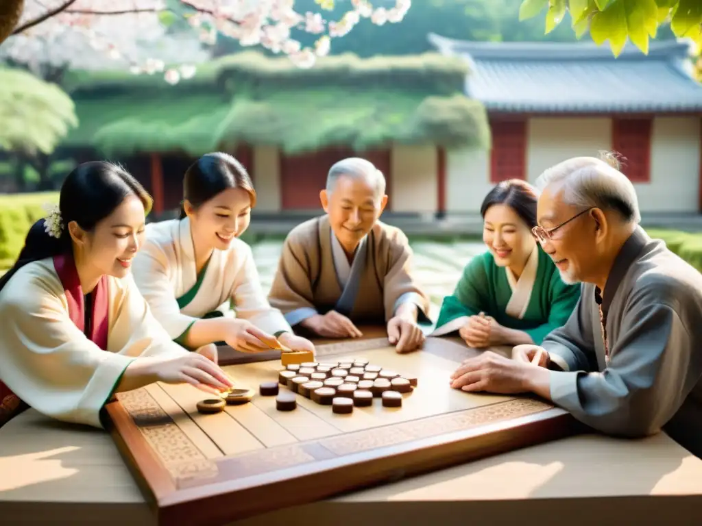 Un grupo de ancianos juega un juego tradicional asiático en un patio soleado, rodeado de naturaleza exuberante y árboles de cerezo en flor