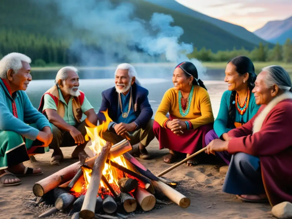 Grupo de ancianos indígenas y miembros de la comunidad reunidos alrededor de una fogata, compartiendo historias y tradiciones en su idioma nativo, resaltando la preservación de idiomas asiáticos en series