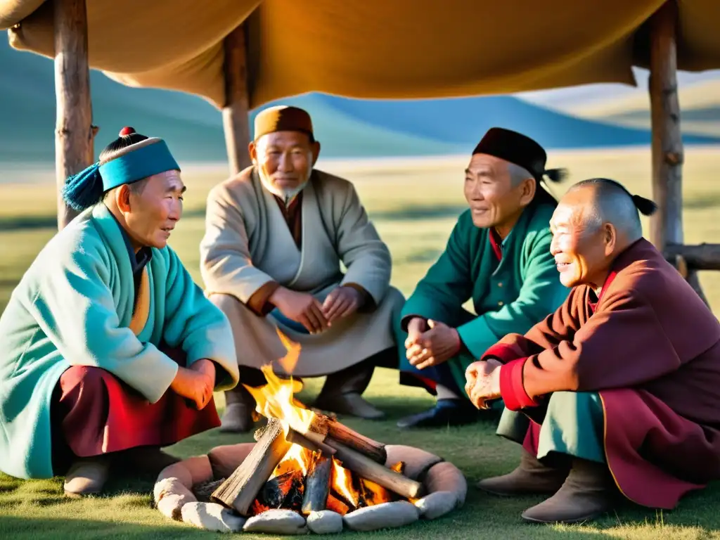 Grupo de ancianos mongoles recitan poesía épica junto al fuego en las praderas, evocando la tradición oral poesía asiática