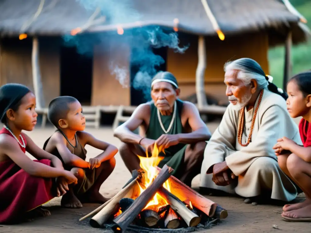 Grupo de ancianos y niños indígenas compartiendo tradiciones alrededor del fuego, preservación lingüística en la globalización