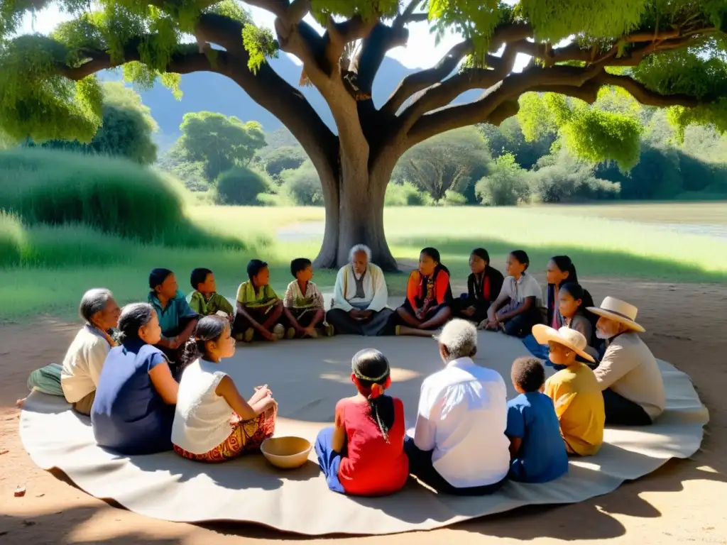 Grupo de ancianos y niños indígenas se reúnen bajo un árbol, compartiendo tradiciones y preservando su lengua y cultura