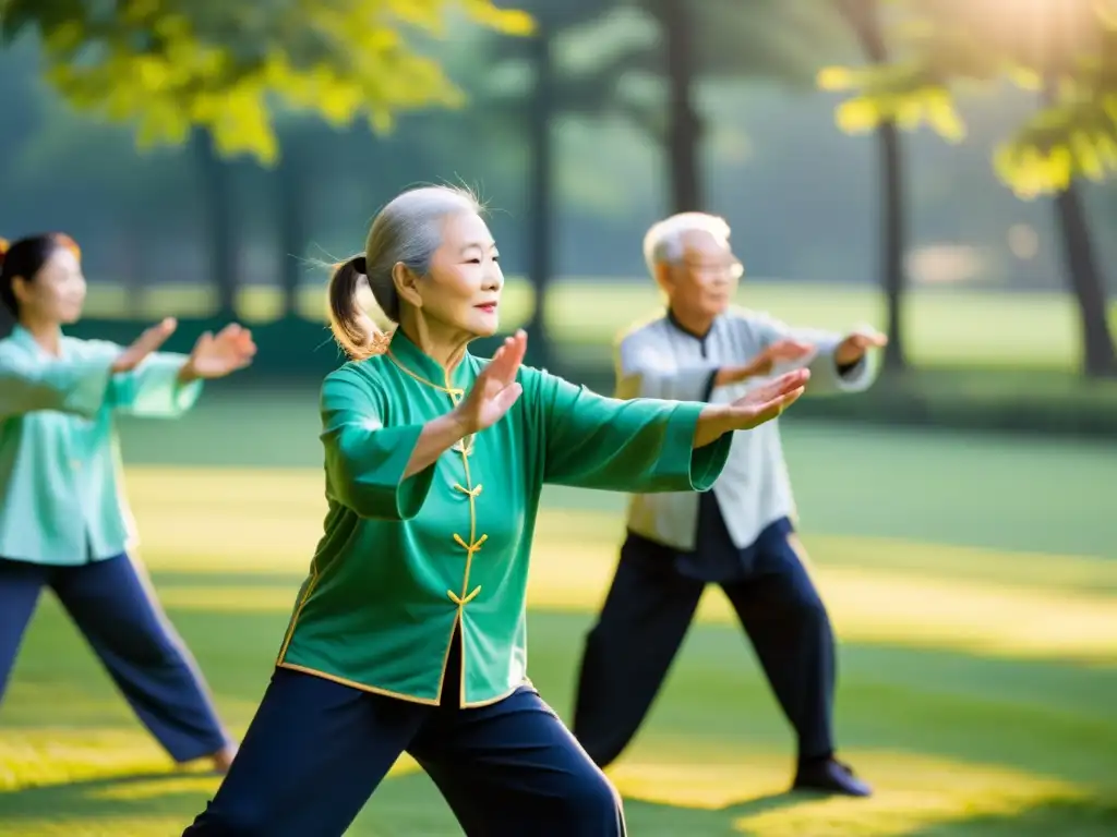 Un grupo de ancianos practica Tai Chi al amanecer en un parque sereno y exuberante