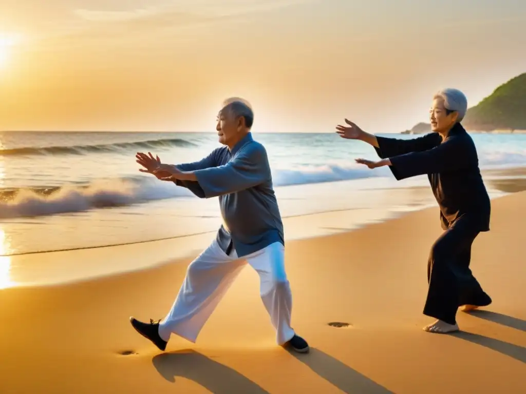 Un grupo de ancianos de Okinawa, Japón, practica Tai Chi en la playa al amanecer