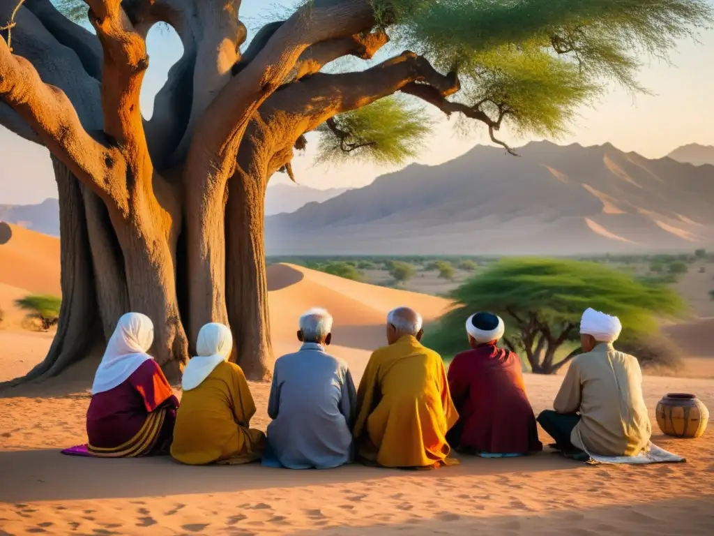 Grupo de ancianos en ritual bajo árbol centenario al atardecer en Asia Central, revelando Secretos mejor guardados de Asia Central