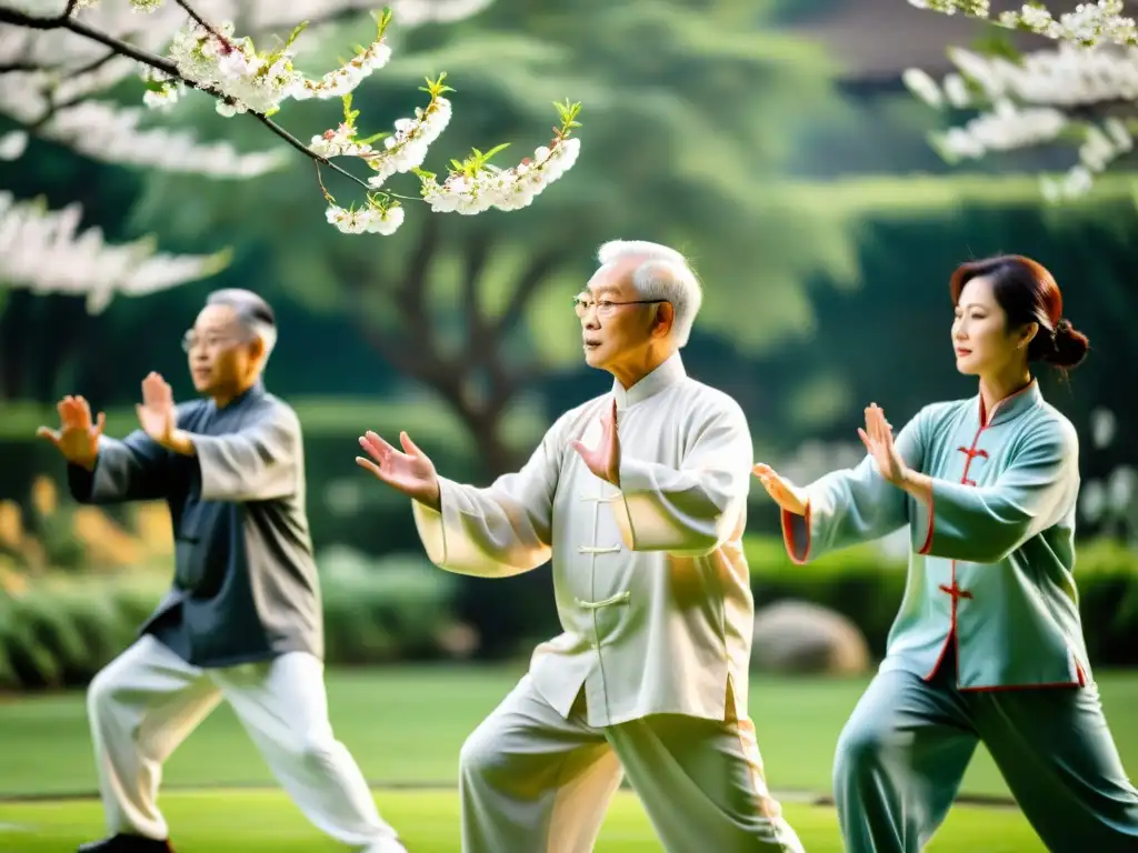 Grupo de ancianos practicando Tai Chi en un jardín sereno, irradiando armonía y sabiduría