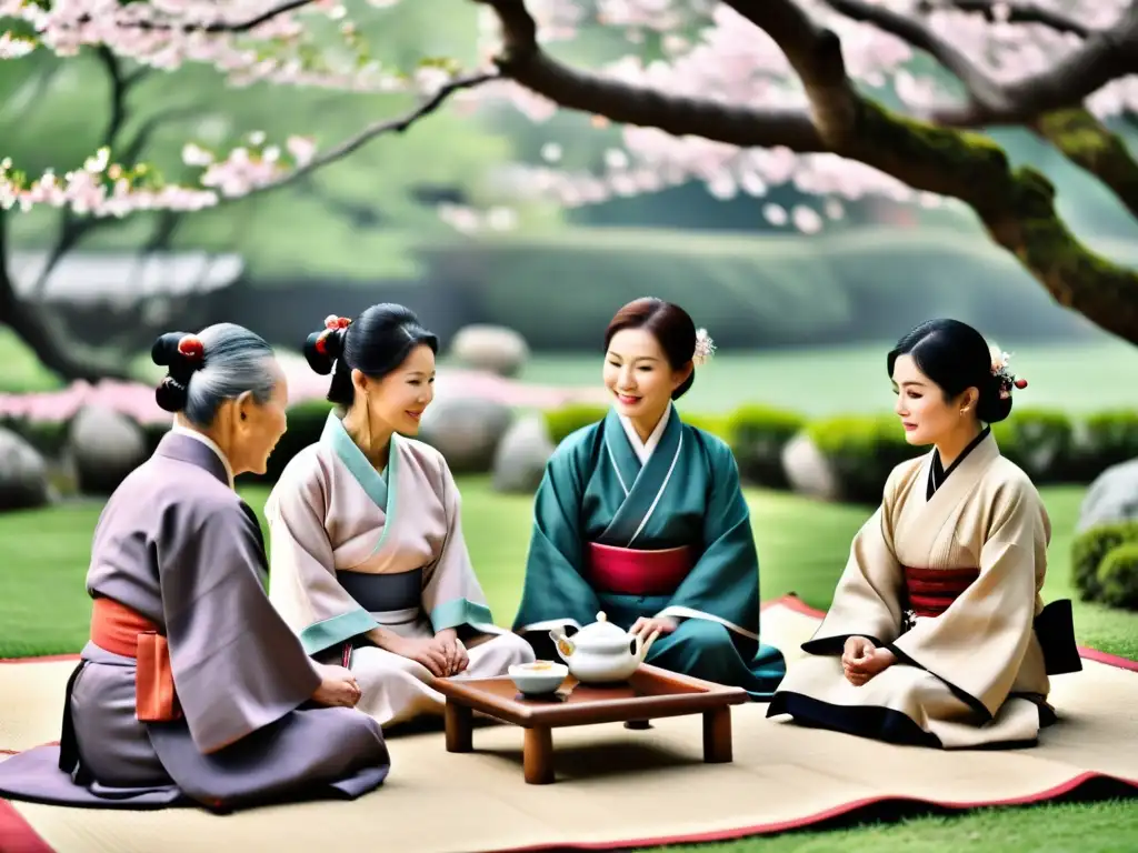 Un grupo de ancianos participando en una tradicional ceremonia del té en un jardín sereno, rodeados de cerezos en flor