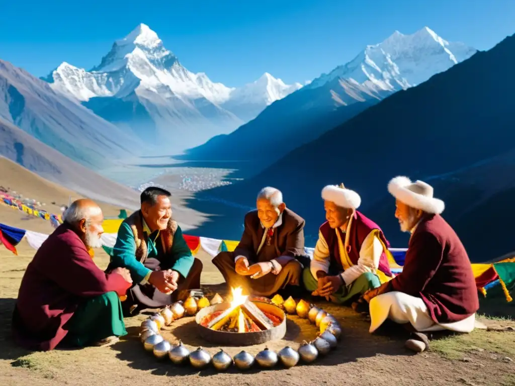 Un grupo de ancianos en vestimenta tradicional del Himalaya realizando rituales ancestrales, rodeados de lámparas y banderas de oración, con picos nevados al fondo