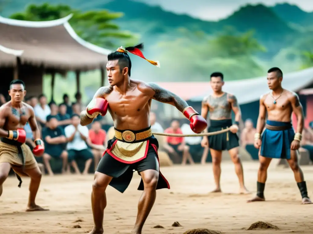 Grupo de antiguos guerreros tailandeses practicando Muay Thai en una aldea tradicional, mostrando el origen y evolución del Muay Thai en Tailandia