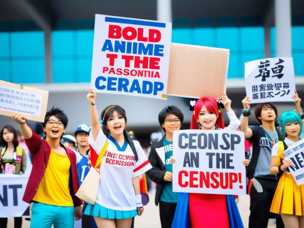 Un grupo apasionado de otakus protestando fuera de un centro de convenciones, desafiando la censura con pancartas y cosplay