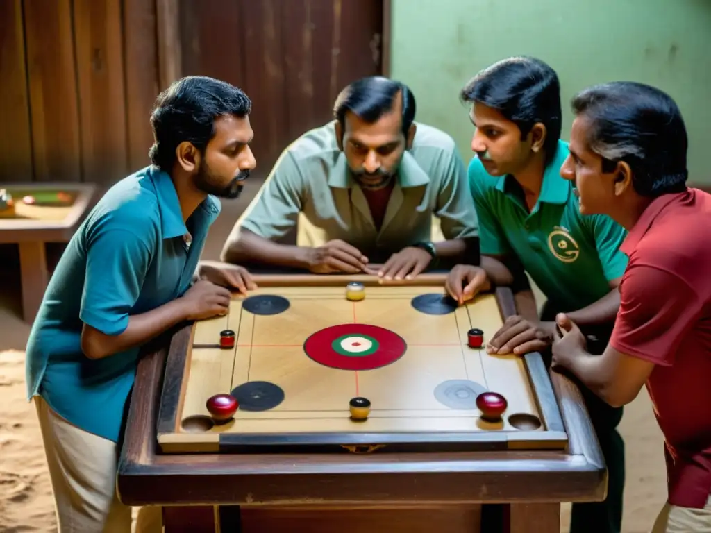 Un grupo de apasionados jugadores de carrom se concentra en estrategias y destrezas del carrom en un centro comunitario