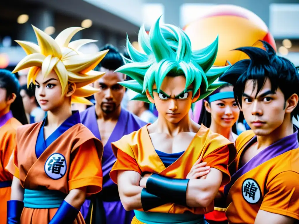 Un grupo de apasionados seguidores en cosplay de Dragon Ball en una convención de anime