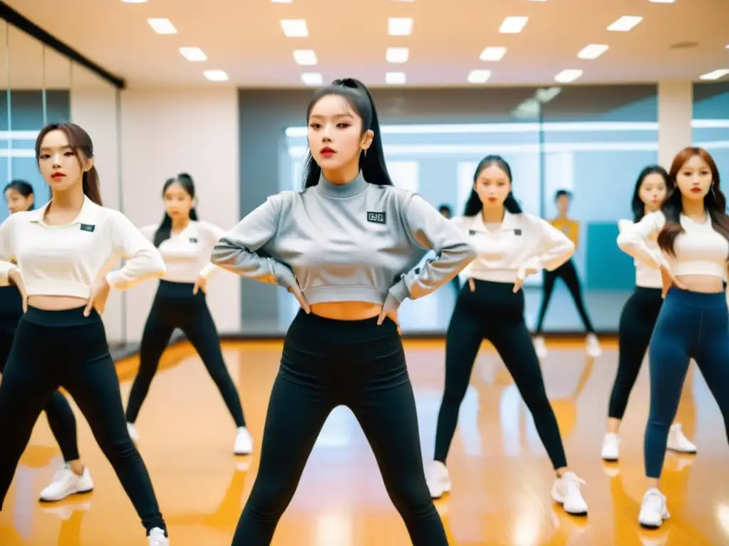 Grupo de aprendices de KPop practicando movimientos de baile sincronizados en un estudio iluminado y con espejos