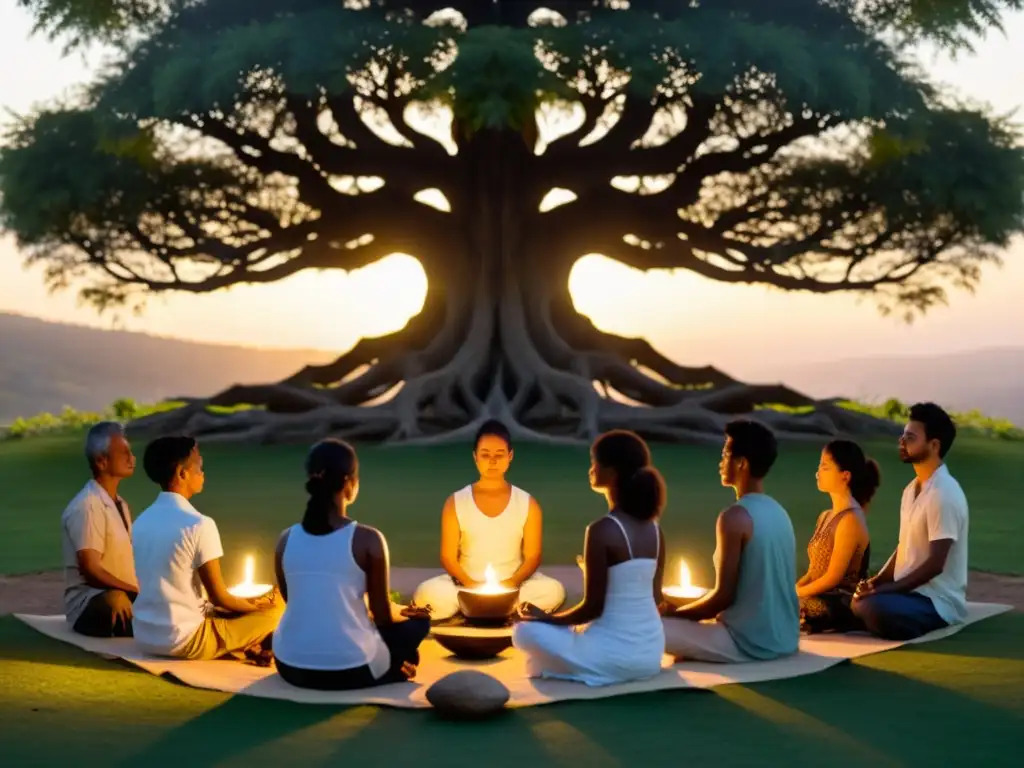 Grupo meditando bajo un árbol Bodhi, iluminados por velas