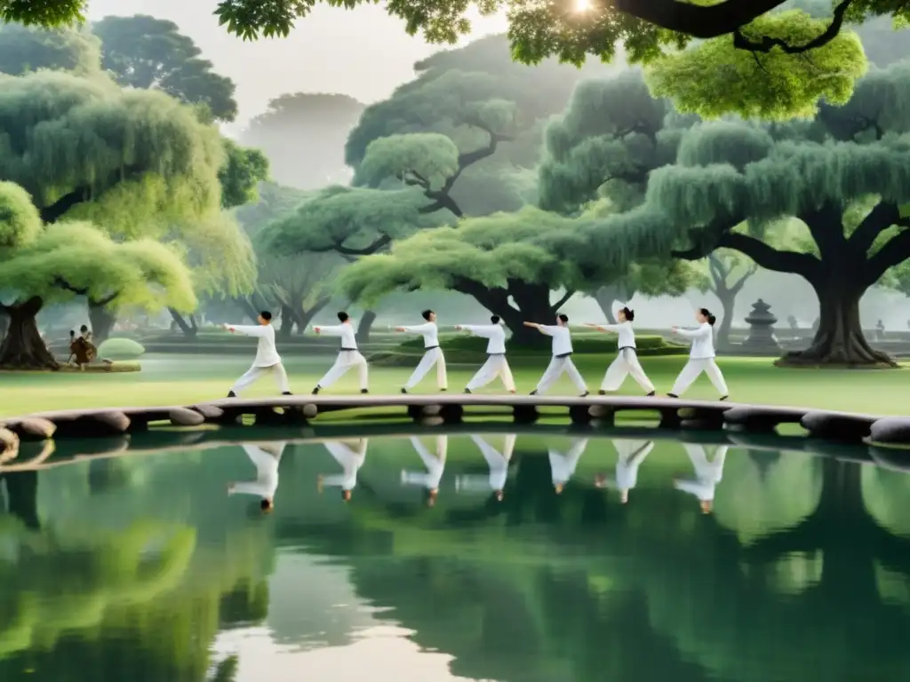 Grupo armonioso practicando tai chi en un parque exuberante, reflejando la igualdad y la paz de la filosofía china clásica