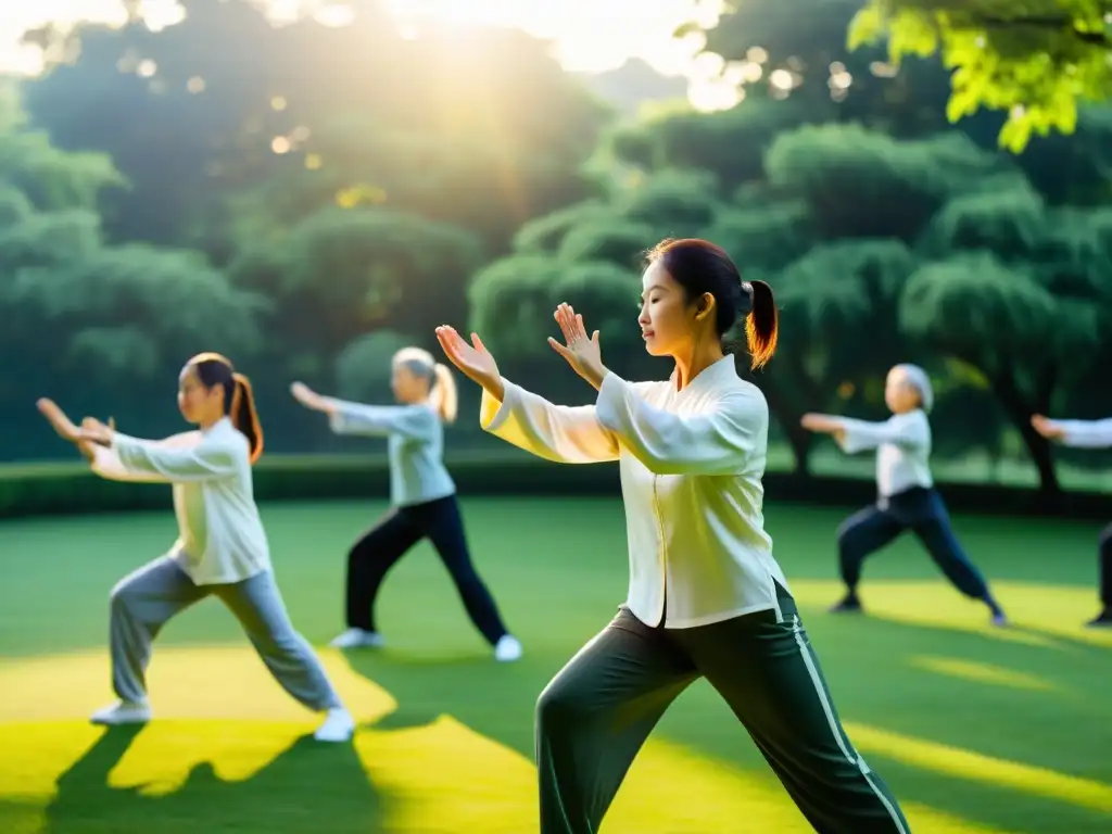 Grupo armonioso practicando la milenaria disciplina del Tai Chi en un parque sereno y verdoso, irradiando paz interior