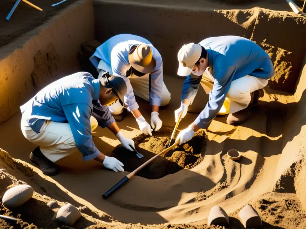 Un grupo de arqueólogos excava con cuidado un sitio funerario samurái al amanecer, revelando descubrimientos recientes en historia samurai