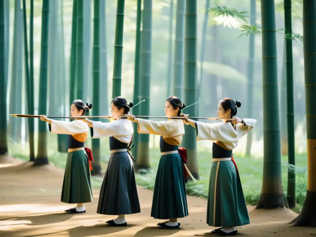 Grupo de arqueros Kyudo en un bosque de bambú, expresando la filosofía del Kyudo Japonés con gracia y concentración