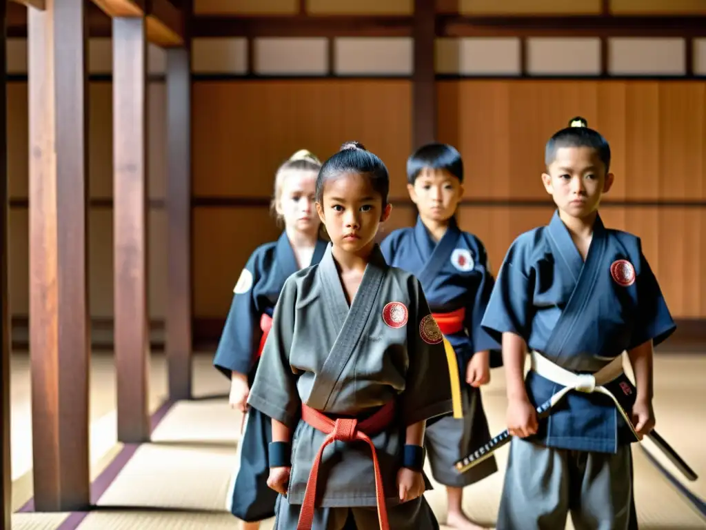 Grupo de niños samurai practican artes marciales con determinación en un dojo tradicional