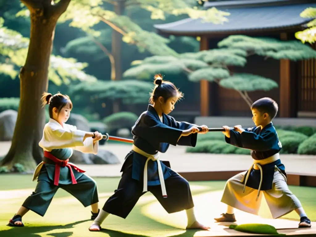 Un grupo de niños practica artes marciales como samuráis en un jardín japonés, con un sensei observando