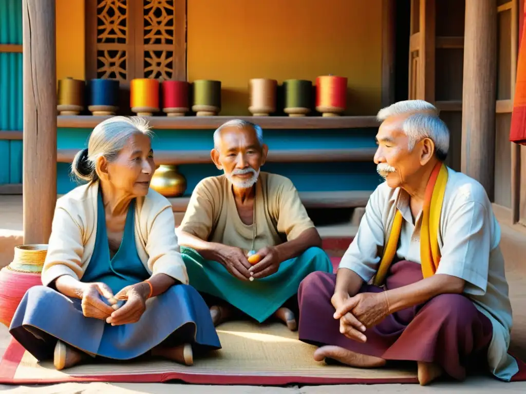 Un grupo de artesanos ancianos teje telas coloridas en una aldea asiática al atardecer, representando la artesanía tradicional aldeas asiáticas