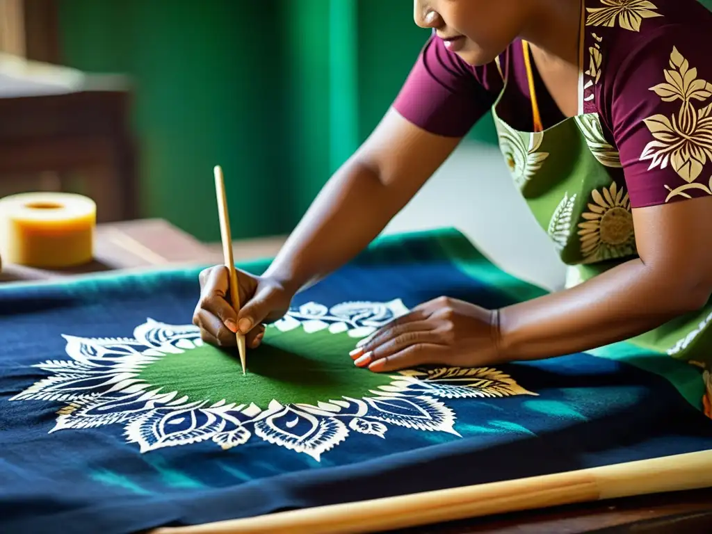 Un grupo de artesanos indonesios aplica cera en tela para crear patrones tradicionales de batik, reflejando la rica historia del batik indonesio