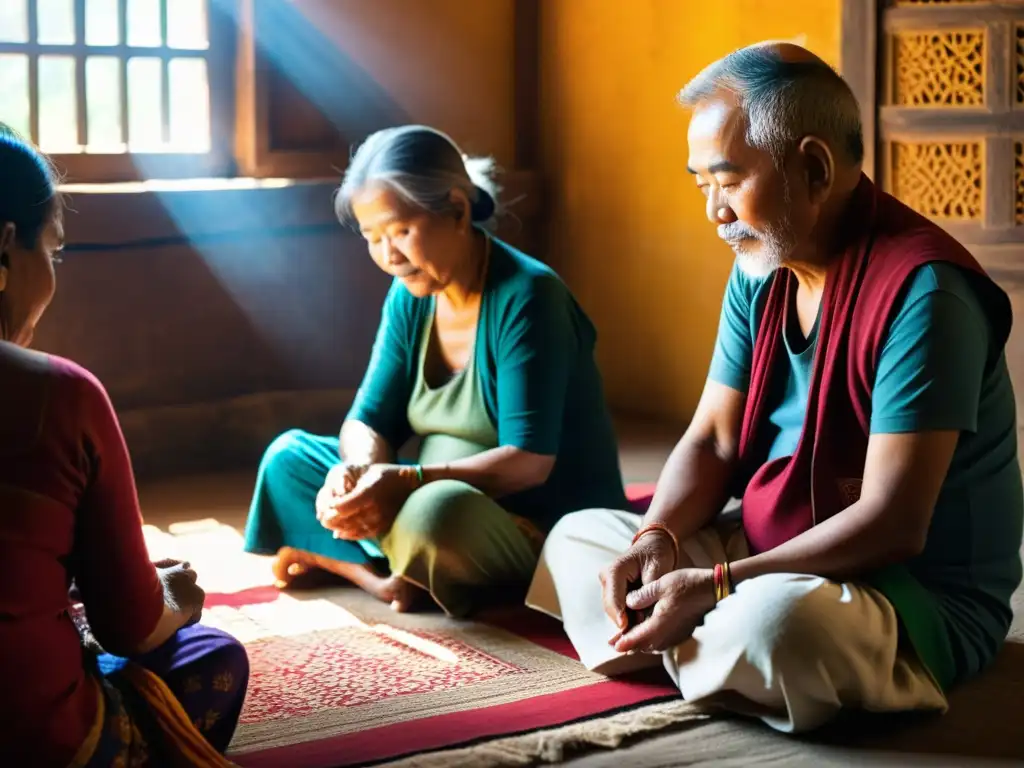 Un grupo de artesanos ancianos teje textiles coloridos en una habitación iluminada por la luz del sol